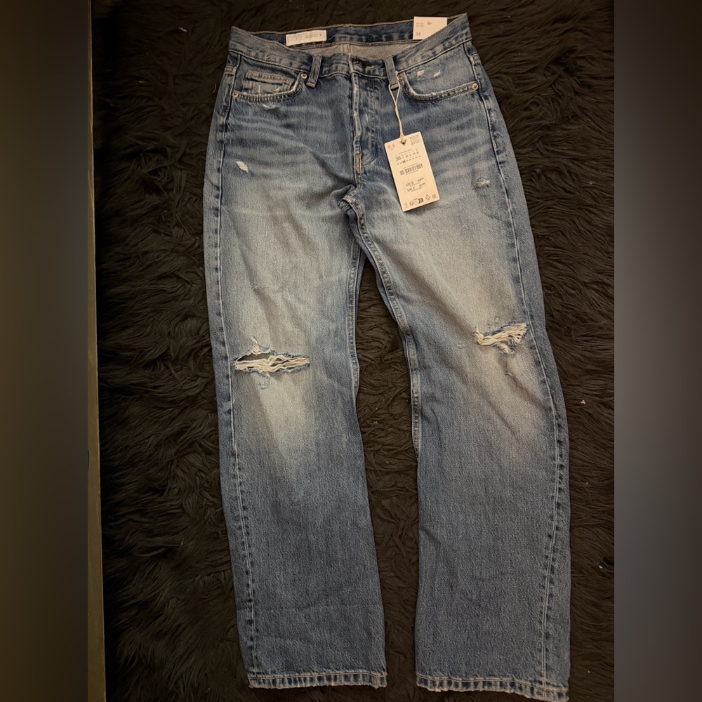 Zara Blue Straight Jeans with Distressed Knees - Picture 5 of 5